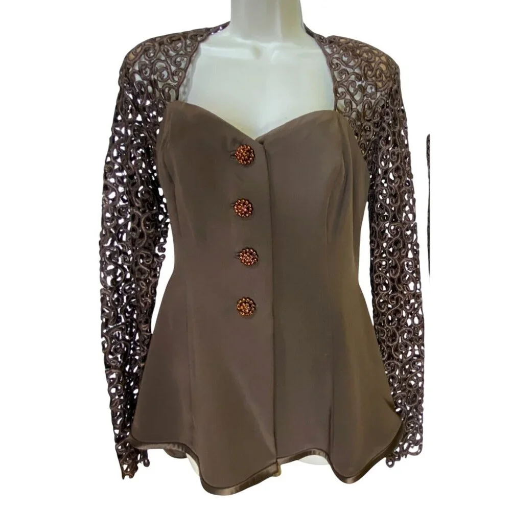 Vintage Brown Lace Skirt  Jacket Suit Set Rhinestone Buttons Small Pinup Classic